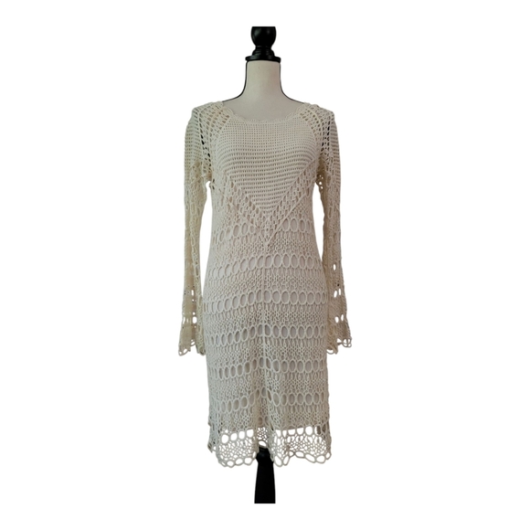 💕Est. 1949 Boho Style Crochet Mini Dress With Bell Sleeves Size XS Hippie - Picture 1 of 7